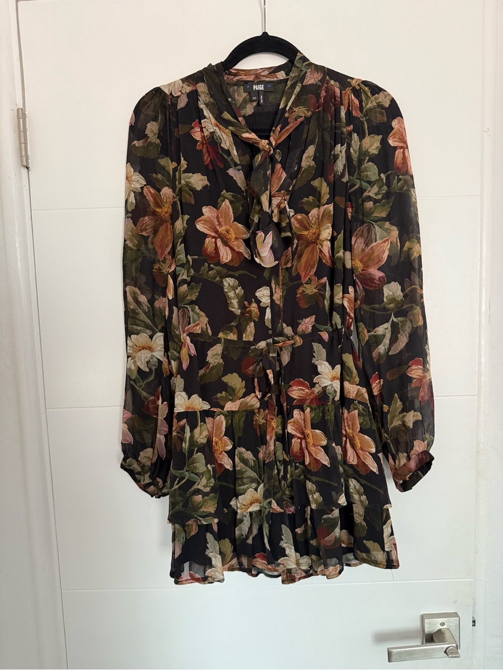 PAIGE Tiered Floral Long Sleeve Tie-Neck Dress- 100% Silk